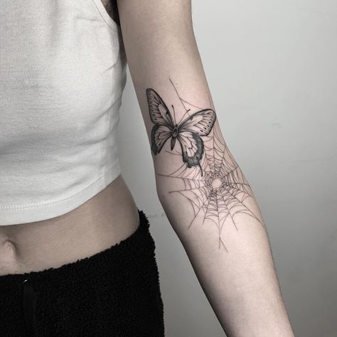 Butterfly and freehand web for Shianne 🕸 Made @amongthewillows Butterfly Spider Web Tattoo, Butterfly In Spider Web Tattoo, Butterfly Spiderweb Tattoo, Spiderweb Butterfly Tattoo, Butterfly Tattoo Placement, Bag Design Drawing, Spider Web Tattoo, Web Tattoo, Health Tattoo