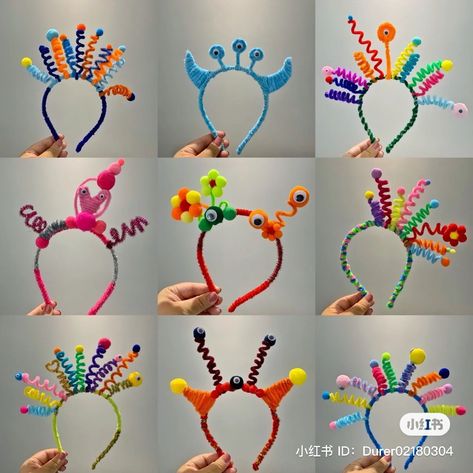 Pipe Cleaner Headband, Freehand Crochet, Pipe Cleaner Art, Headband Crafts, Crazy Hat Day, Pipe Cleaner Crafts, Crazy Hats, 80s Movies, Crazy Hair Days