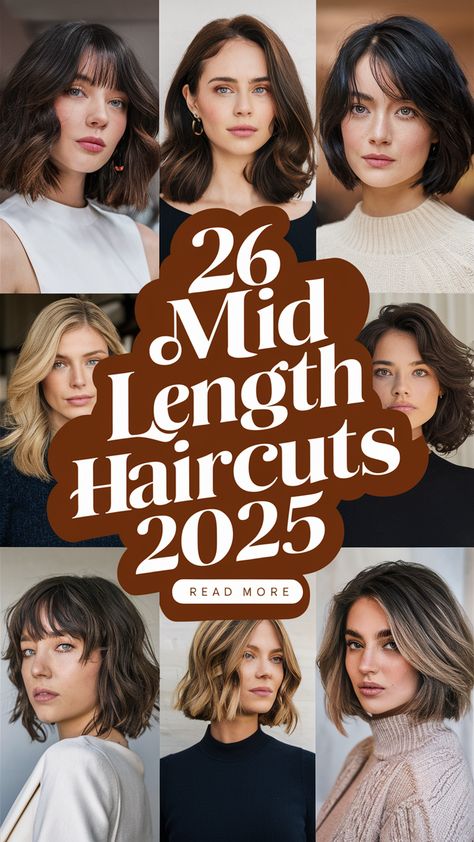 Explore our top 26 mid length haircuts for 2025, perfect for every hair type. From sleek, straight cuts to layered styles with curtain bangs, find your ideal mid-length look. Whether you have fine, thick, or wavy hair, discover stylish and trendy options that enhance your natural beauty. Long Hair To Mid Length, Winter Mid Length Hair, 2025 Mid Length Hair, Curtain Bangs Brown Hair Medium, Long Bob With Thick Hair, Fine Hair Medium Length Layered, Wavy Fine Haircut, Shoulder Length Fine Wavy Hair, One Length Wavy Hair