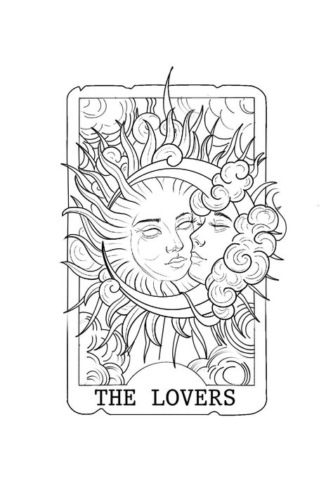 Sun And Moon Couple Drawing, Tarot Card Tattoo The Lovers, Sun And Moon Tattoo Tarot, The Lovers Tarot Card Tattoo Simple, The Lovers Tattoo Tarot Cards, Moon Tarot Card Drawing, Sun And Moon Stencil, Tarot Card Drawings, Sun And Moon Kissing