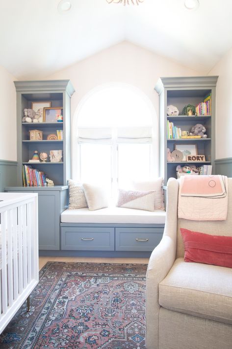 Need tips to style shelves in a nursery? I'm sharing how I make my daughter's built-ins functional, whimsical, and super cute. #nursery #shelfie #nurserydecor #stylingshelves Nursery Dresser Organization, White Built Ins, Bedroom Built Ins, Blush Nursery, Office Built Ins, Big Girl Bedrooms, Diy Playbook, Arched Windows, Shelf Styling