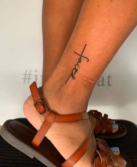 Christian Feet Tattoo, Faith Tattoo Ankle, Faith Ankle Tattoo, Walk By Faith Ankle Tattoo, Cross Ankle Tattoos For Women, Cross On Ankle Tattoo, Cross On Ankle, Ankle Tattoo Simple, Cross Tattoo On Ankle