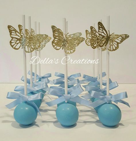 Cinderella themed / blue butterfly cake pops Butterfly 15 Theme Blue, Blue Butterfly Quinceanera Theme Cake, Blue Butterfly 15 Theme, Blue Butterfly Party Ideas, Blue Butterfly Themed Birthday Party Backdrop, Blue Butterfly Theme Party, Quinceañera Decorations Ideas Blue, Quince Cake Pops, Blue Butterfly Centerpieces Quinceanera