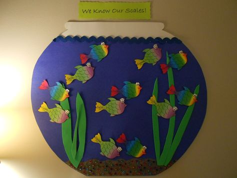 I want to make a fish bowl for my kids' fish scales! The Piano Teacher, Printable Fish, Music Bulletin Board, Fish Printables, Prek Ideas, The Pianist, Music Teaching Resources, Clown Party, Chart Ideas