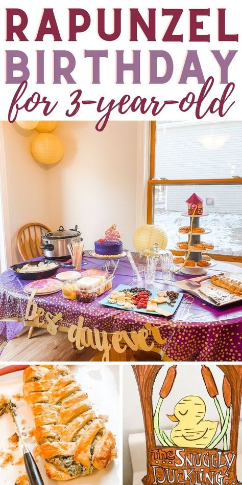 A collage of images featuring a Rapunzel themed birthday party. The text over the image reads, "Rapunzel Birthday for 3-year-old." Tangled Themed Birthday Party, Princess Themed Food, Rapunzel Themed Birthday Party, Rapunzel Themed Birthday, Tangled Party Decorations, Cake Disney Princess, Tangled Birthday Cake, Disney Princess Party Food, Birthday Cake Disney