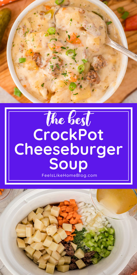 The best crockpot cheeseburger soup made easy with Velveeta, frozen hashbrowns, and a ground beef, offering a rich and comforting meal perfect for busy weeknights and the title “the best crockpot cheeseburger soup” Cheeseburger Soup With Velveeta, Crockpot Cheeseburger Soup, Slow Cooker Cheeseburger Soup, Crockpot Cheeseburger, Frozen Hashbrown Recipes, Super Easy Crockpot Recipes, The Best Cheeseburger, Cheeseburger Soup Crockpot, Easy Crockpot Soup