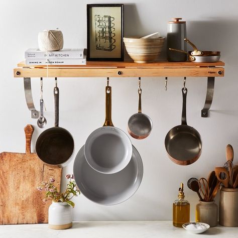 JK Adams Wall-Mounted Pot Rack With Shelf by Food52 - Dwell Celebrity Kitchens, Budget Kitchen Makeover, Kitchen Wall Storage, Best Kitchen Design, Saint Helena, Pot Rack Hanging, Pan Rack, Pot Racks, Budget Kitchen