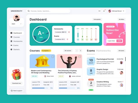 University - Education platform - Desktop Dashboard by Ivan Shevchenko on Dribbble Education Dashboard, Ux Resume, Elearning Design Inspiration, Task Management Dashboard, Gamification Education, Study System, Learning Website Design, Ui Ux Portfolio, Ui Ux Case Study