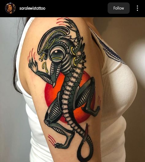 Neo Traditional Alien Tattoo, Xenomorph Tattoo Traditional, Alien Traditional Tattoo, Gnarly Tattoos, Xenomorph Tattoo, Wolf Tattoo Traditional, Miscellaneous Tattoos, Fake Skin Tattoo, Pinup Tattoo