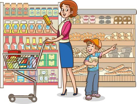 Mother and son shopping in the supermarket. Vector illustration in cartoon style Supermarket Cartoon, Supermarket Illustration, Pecs Pictures, Art Competition Ideas, Art Elements, Mother And Son, Art Competitions, Elements Of Art, Halloween Decoration