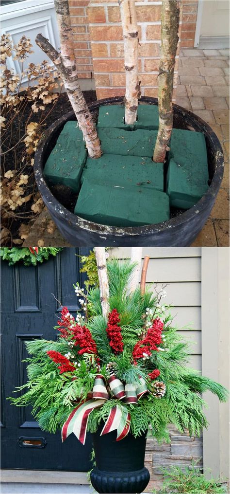 24 Stunning Christmas pots and planters to DIY for almost free! How to create colorful winter planters as beautiful Christmas outdoor decorations, with evergreens, berries, pinecones, branches, & creative elements! - A Piece of Rainbow   #containergardening #planters #pots #plants #christmas #christmasdecorations #christmasideas #thanksgiving #holiday #gardens #patio #patiodesign #backyard #curbappeal #diy #gardening #gardeningtips #gardendesign #gardenideas #homedecor #homedecorideas Winter Planter, Christmas Pots, Christmas Planters, Christmas Garden, Indoor Christmas Decorations, Indoor Christmas, Christmas Porch, Christmas 2016, Noel Christmas