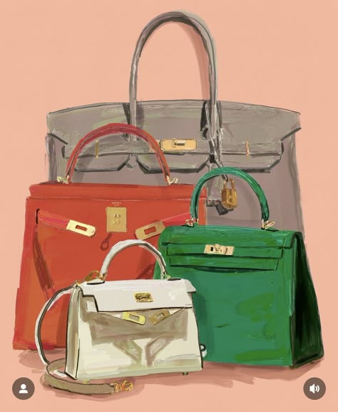 Bag Poster Design, Hermes Poster, Shop Card Design, Hermes Painting, Commercial Illustration, Painterly Style, Birkin Bags, Mini Kelly, Bag Illustration