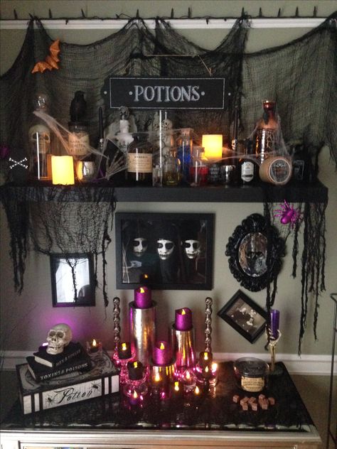 Halloween Corner Decorations, Halloween Witch Cubicle Decor, Office Halloween Decorations Witch Theme, Witch Room Halloween, Witch Theme Office Decorations, Desk Decor Ideas Office Cubicle Halloween, Apothecary Halloween Party, Halloween Witch Office Decorations, Witches Room Decor Halloween