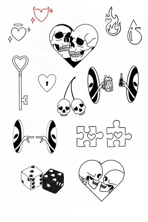 Valentines Day Tattoo Flash #3 By Rene Cristobal. Love the heart with the two 'loving skulls' in it. That means something good, right? Of course a "key to your heart" should be required by all. #ReneCristobal #tattoospecial #tattoodeal #tattooshop #tattiooartist #atlantatattooartist #atlantatattooshop #flashtattoo #tattoodesign #blackworkdesign #tattooholiday #bodypiercing #bodypiercingspecial #atlantashopping #atlantadeal #tattooidea #ironpalmtattoos #atlantaink #castleberryhill Cute Small Simple Tattoo Ideas, Skull Patchwork Tattoo, Flash Tattoos Men, Matching Tattoo Flash, Flash Tattoo Heart, Tiny Tattoo Flash Sheet, Black Work Tattoo Flash, Simple Tattoo Flash Sheet, Flash Tattoo Designs Simple