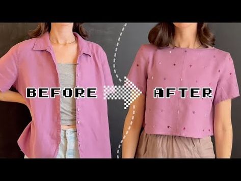 (448) Time for a THRIFT FLIP 🌷 upcycling a shirt from start to finish - YouTube Shirt Thrift, Old Clothes Refashion, Thrift Store Refashion, Thrift Flip, T-shirt Refashion, Shirt Refashion, Upcycled Crafts, Purple Top, Linen Closet