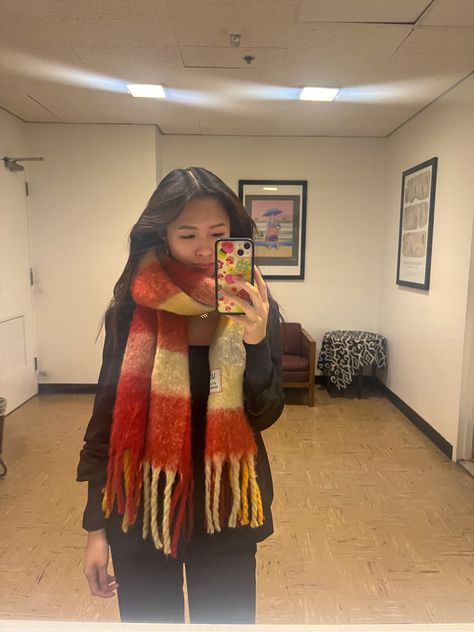 acne studios scarf scarf outfit red yellow Yellow Scarf Outfit, Acne Studios Scarf, Scarf Aesthetic, Scarf Outfits, Yellow Checkered, Checkered Scarf, Big Scarf, Yellow Scarf, Scarf Outfit