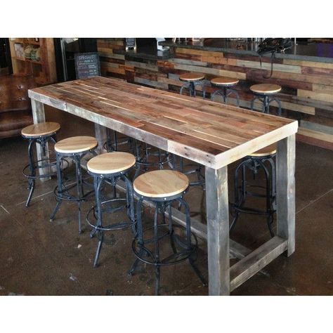 Buy a bar table: eating and drinking at a higher level! Reclaimed wood community bar restaurant table is well sanded and Reclaimed Wood Bars, Restaurant Counter, Wood Bar Table, High Top Tables, Pub Set, Pub Table Sets, Patio Bar Set, Bar Height Table, Table Haute