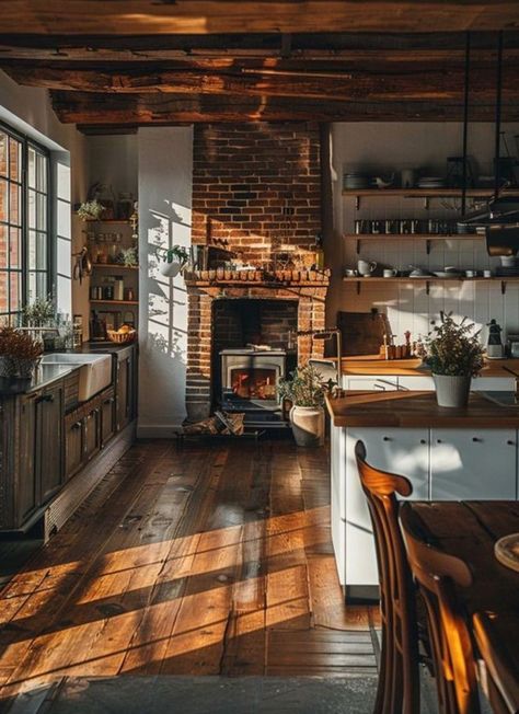 Lived In Kitchen Aesthetic, Industrial Cottage Kitchen, Industrial Cottage Style, Light Academia Kitchen, Character Kitchen, Classic Farmhouse Decor, Industrial Farmhouse Kitchen, Farmhouse Kitchen Wall, Kitchen Walls