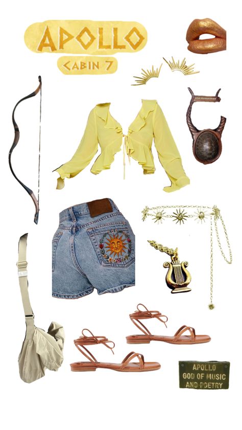 Apollo’s kid outfit (femme) #apollo #percyjackson #percyjacksonoutfit Apollo Aesthetic Outfit, Cabin 7 Apollo, Cabin Outfit, Apollo Aesthetic, Apollo Cabin, Percy Jackson Outfits, Cabin 7, Kid Outfit, Cabin Aesthetic