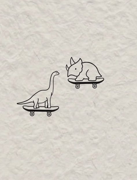 Dino On A Skateboard Tattoo, Dinosaur On A Skateboard Tattoo, Line Work Dinosaur Tattoo, Shark And Dinosaur Tattoo, Dino Best Friend Tattoo, Small Funny Tattoo Ideas, Matching Dino Tattoos, Small Tattoo Ideas Matching, Simplistic Embroidery