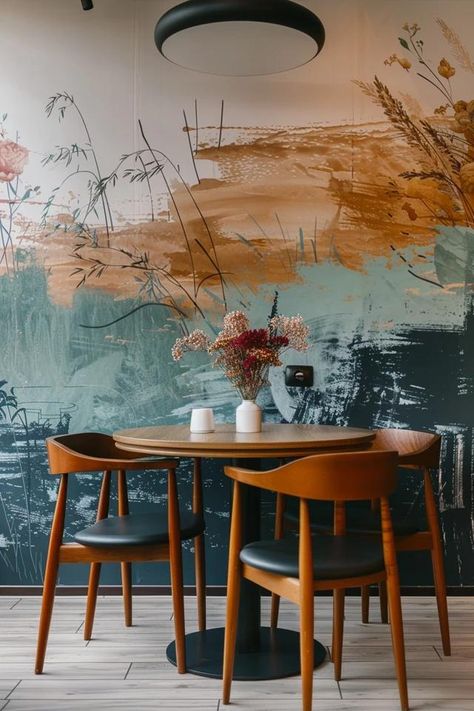 Creative Dining Room Feature Wall Ideas Artistic Dining Room, Dining Room Wall Mural Ideas, Dining Accent Wall Ideas, Dining Room Feature Wall Ideas, Dining Room Feature Wall, Room Feature Wall, Accent Wall Dining, Creative Dining Room, Feature Wall Ideas