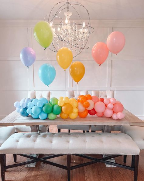 ✨ New product ✨ Balloon table runner. How cute is this?! My chandelier got in the way of these 11 inch helium balloons, but you get the… | Instagram Confetti Balloon Garland, Playroom Birthday Party, Balloon Garland For Table, Balloon Garland Recipe, Balloon Garland On Table, Balloons On Table Decor, Dessert Table Balloon Garland, Balloon Arch Over Table, Table Top Balloons