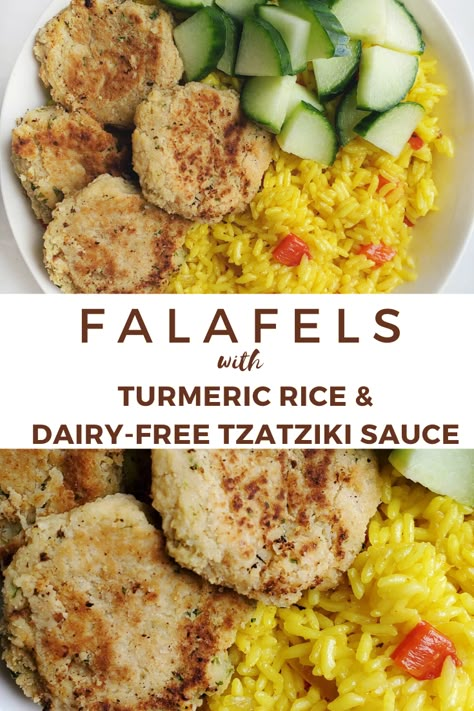 Falafel Bowl with Turmeric Rice & Tzatziki Sauce{DF} - Thriving Gluten Free Easy Falafel Recipe, Gluten Free Falafel, Falafel Recipes, Easy Falafel, Falafel Recipe Easy, Falafel Bowl, Turmeric Rice, Easy Mediterranean Diet, Falafel Recipe