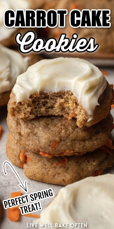 You absolutely have to try Live Well Bake Often's heavenly carrot cake cookies! They're loaded with four delightful spices and shreds of carrot, then topped with a delicious layer of cream cheese frosting. They're perfect for Easter, Mother's Day, or any time you're craving classic carrot cake without the hassle! Carrot Cake Recipe Homemade, Best Carrot Cake Recipe, Live Well Bake Often, The Best Carrot Cake, Carrot Cookies, Carrot Cake Cookies, Best Carrot Cake, Cream Cheese Cookies, Iconic Moments