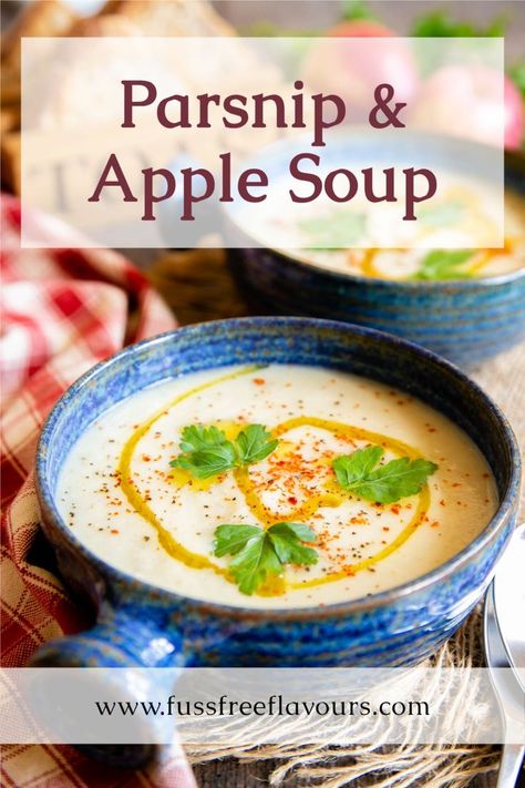 Bowl of apple & parsnip soup Parsnip And Apple Soup, Apple Soup Recipes, Winter Vegetarian Recipes, Cooking Apples, Parsnip Recipes, Soup Maker Recipes, Fruit Soup, Parsnip Soup, Clear Soup