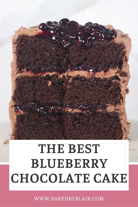 This chocolate blueberry cake is made with a rich, moist chocolate cake, fresh blueberry compote and a smooth and delicious chocolate buttercream frosting. It's the perfect combination of rich chocolate decadence and bright blueberry flavor! Chocolate Cake With Blueberry Filling, Chocolate And Blueberry Cake, Chocolate Blueberry Cake, Blueberry Chocolate Cake, Chocolate Decadence, Chocolate Blueberry, Snack Cakes, Birthday Dessert, Blueberry Chocolate