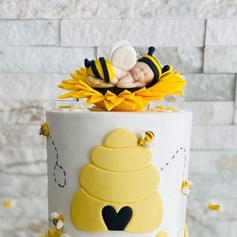 Bee Baby Shower Ideas - A Pretty Celebration Bumble Bee Baby Shower Cake, Bee Baby Shower Cake, Cross Cake Topper, Yellow Peony, Communion Cake Topper, Cross Cakes, First Communion Cake, Bee Cakes, Flower Cake Toppers