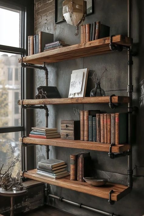 Create a stylish industrial vibe in your home with DIY pipe shelving! This project is perfect for adding functional and chic storage to any space using simple materials like pipes and wood. 🏡✨ #DIYPipeShelving #IndustrialDecor #HomeStorageIdeas #DIYHomeProjects #EcoFriendlyDecor Black Industrial Shelves, Office Hanging Shelves, Wooden Shelves With Pipes, Wood Industrial Shelves, Industrial Farmhouse Shelves, Industrial Wood Shelves, Small Home Industrial Design, Industrial Shelving Ideas, Industrial Built Ins