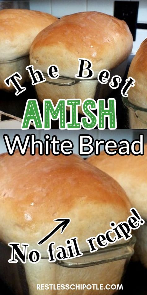 Soft loaves of fresh baked bread with Pinterest overlay. Amish Bread Recipes, Amish White Bread, Best Homemade Bread Recipe, Pudding Chia, Bread Maker Recipes, Homemade Bread Recipes Easy, Homemade Bread Easy, Best Bread Recipe, Amish Recipes