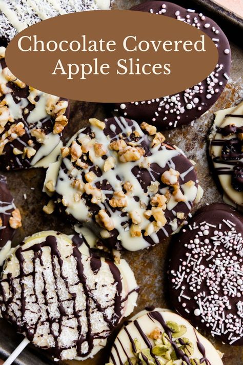 Chocolate covered apple slices are so much FUN to make! You can easily customize with your favorite healthy toppings like shredded coconut, chopped nuts, dried fruit, or naturally dyed sprinkles. Chocolate Covered Apple Slices, Chocolate Apple Slices, Chocolate Covered Apples Slices, Healthy Chocolate Treats, Apple Pops, Healthy Fall Desserts, Apple Slice Recipe, Simple Paleo, Healthy Kid Friendly Meals