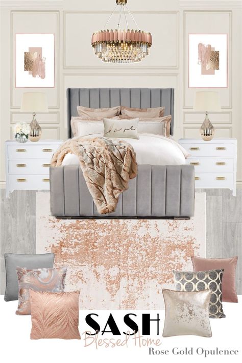 Rose Gold Theme Bedroom, Rose Gold And Gold Bedroom, Rose Gold And Grey Bedroom Room Ideas, Rose Gold Room Ideas Bedrooms, Beige And Gold Bedroom, White Gold Bedroom, Grey And Gold Bedroom, Rose Gold Room Decor, Rose Gold Rooms