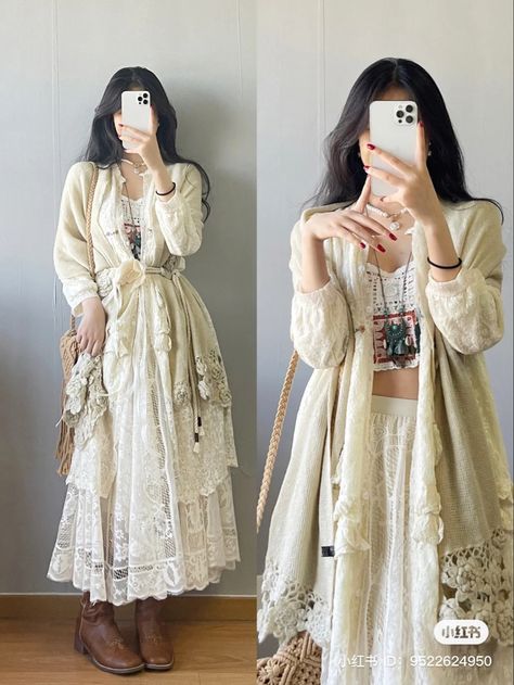 Dress And Cardigan Outfit Aesthetic, Naturecore Aesthetic Outfit, Cute Cardigan Outfits, Stylish Outfits Casual, Simple Style Outfits, Cottagecore Outfits, Desi Fashion Casual, Boho Chic Outfits, Fairy Fashion