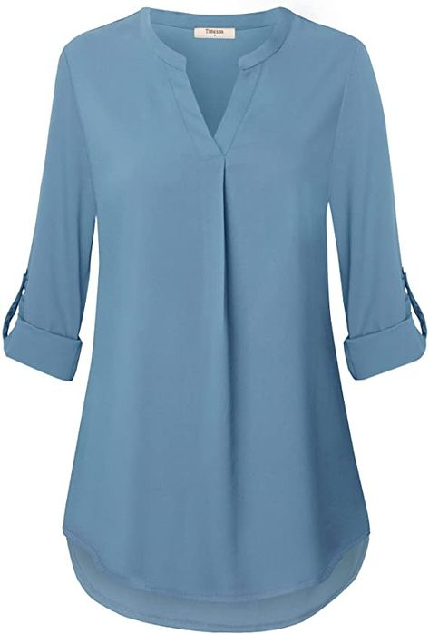 Timeson Women's Casual Chiffon V Neck 3/4 Sleeve Blouse Tops at Amazon Women’s Clothing store Printed Chiffon Blouse, Chiffon Blouses, Cuffed Sleeve, Ladies Tops, Tops Fashion, Blouse Tops, Loose Fitting Tops, Hem Top, Spring Shirts