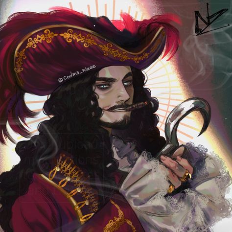 Disney Characters As Humans, Pirate Art, Disney Villains Art, Old Disney, Pinturas Disney, Captain Hook, Red Hat, Beautiful Drawings, 영감을 주는 캐릭터