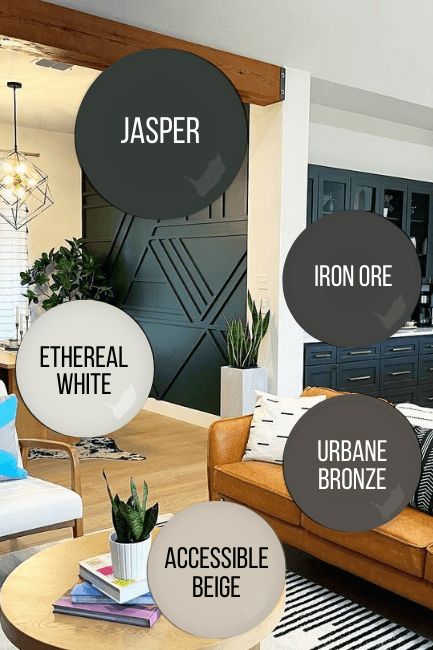 Black Coordinating Colors, Whole House Color Palette With Black, Urban Bronze Furniture, Iron Ore Paint Color Scheme, Paint Themes For House, Home Paint Color Palette Interior, Jasper By Sherwin Williams, Sherwin Williams Jasper Color Palette, Neutral Home Mood Board