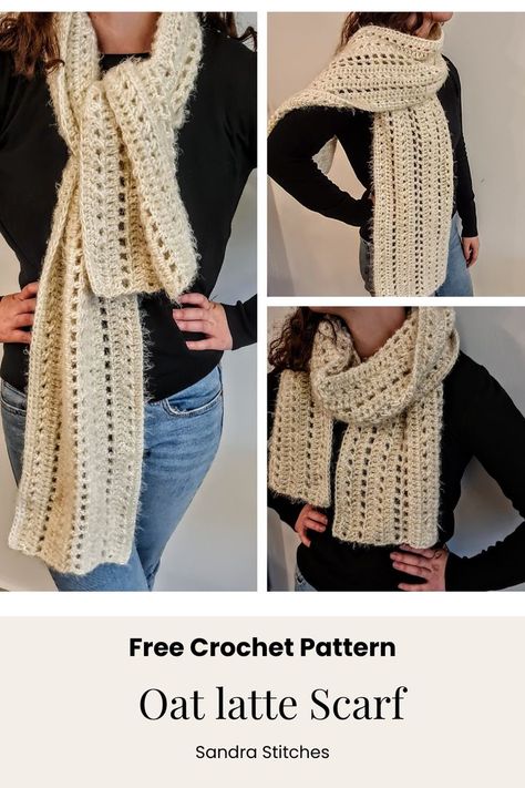 free crochet super easy scarf pattern named oat latte scarf Crochet V Stitch Scarf, Crochet Pattern For Scarf, Quick Scarf Crochet Pattern, Crocheted Scarf Patterns Free, Scarf Crochet Pattern Free Easy, Keyhole Scarf Crochet Pattern Free, Free Crochet Scarf Pattern, Quick Crochet Scarf Pattern Free, Free Crochet Scarf Patterns Easy