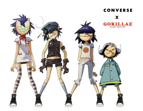 (Right to left) Noodle, noodle, cyborg noodle, bad bass noodle!!! Jamie Hewlett Art, Gorillaz Noodle, Gorillaz Fan Art, Demon Days, Monkeys Band, Jamie Hewlett, Gorillaz Art, Damon Albarn, Tank Girl