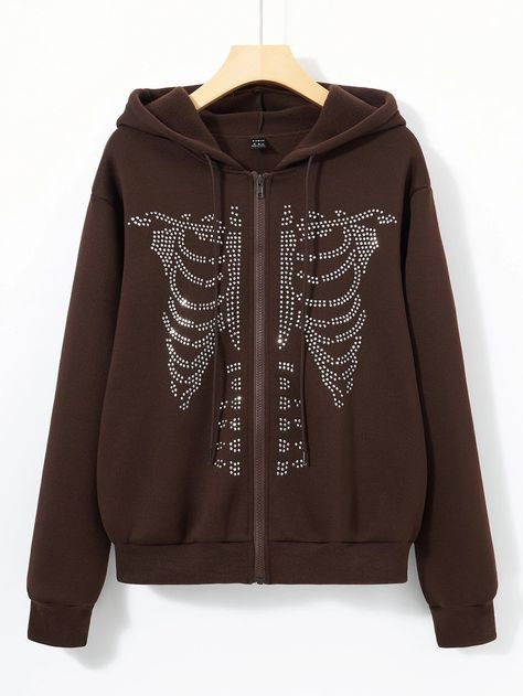 Rhinestone Skeleton, Rhinestone Jacket, Skeleton Pattern, Rhinestone Hoodie, Skeleton Hoodie, Brown Zip Ups, Thermal Hoodie, Brown Hoodie, Y2k Sweater