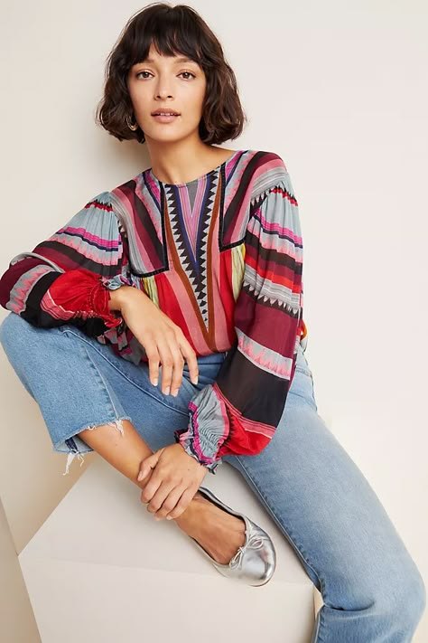 Colourful Blouse, Blouse Dress Outfit, Anthropologie Clothing, Petite Blouses, Bohemian Aesthetic, Outfits Petite, Stylish Dresses For Girls, Petite Tops, Peasant Blouse