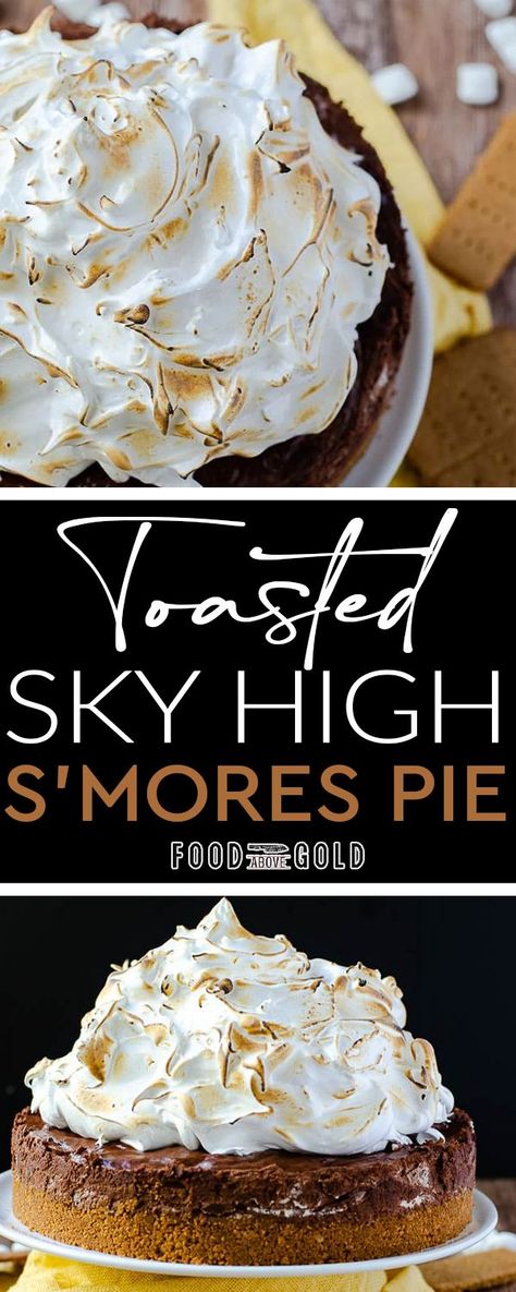 This beautiful s’mores pie recipe is a crowd pleaser. With a dark chocolate center and toasted marshmallow topping, this sky high pie will have everyone asking for s’more, please. My favorite thing about this s’mores pie recipe is that you don’t need a bonfire to enjoy it. Plus, you don’t have to worry about the melted chocolate bar dripping on you. Bring on s’more pie, please! | @foodabovegold Marshmallow Pie Topping, S’mores Pie Recipe, S’mores Pie Recipe Dessert, S’more Pie Recipe, S’more Pie, S’mores Pie, Smore Pie, Smores Pie Recipe, S'mores Pie