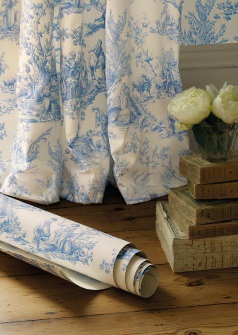 The narrative of Toile de Jouy Wallpaper Cottage, Blue French Country, French Country Lighting, Toile Curtains, Heavy Curtains, Canvas For Painting, Cottage Curtains, Country French Decor, Blue And White Home