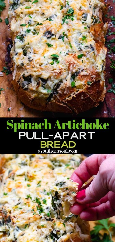 Pull Apart Artichoke Bread, Pull A Part Bread Recipes, Spinach Artichoke Bread Pull Apart, Pull Apart Spinach Artichoke Bread, Spinach Bread Recipe, Spinach Artichoke Pull Apart Bread, Pull Apart Recipes, Artichoke Bread, Stuffed Breads