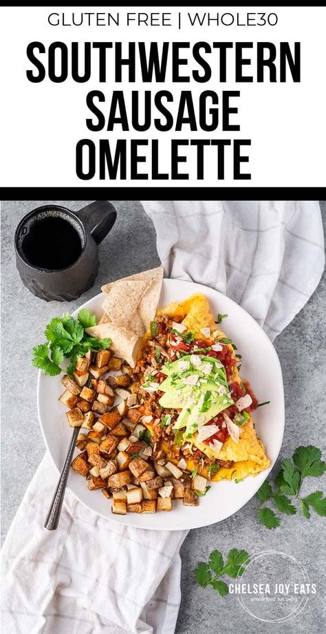 Paleo and Whole30 Southwestern Sausage Omelette - this hearty breakfast packs a punch with a filling of sausage, spices, and veggies, and topped with avocado, salsa, and grain free tortilla chips. A great meal to kick off the day! It's paleo, gluten free, dairy free, low carb, and whole30. #paleo #lowcarb #whole30 #keto Whole 30 Bacon, Sausage Omelette, Bacon Omelette, Sausage Spices, Ham And Cheese Omelette, Whole 30 Snacks, Dairy Free Low Carb, Paleo Friendly Recipes, Whole30 Keto