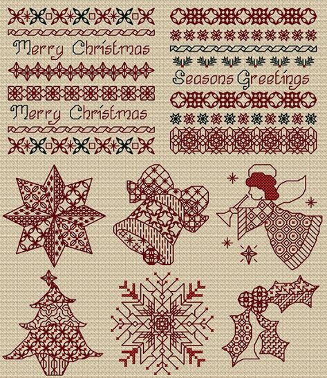 Christmas Blackwork Cross Stitch Cross Stitch Christmas Patterns, Blackwork Christmas, Motifs Blackwork, Blackwork Embroidery Patterns, Blackwork Cross Stitch, Blackwork Designs, Blackwork Patterns, Holiday Cross Stitch, Blackwork Embroidery