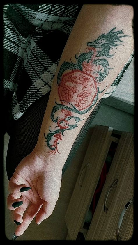 Dragon tattoo with red flowers Jasmine Dragon, Dragon Tattoos, Flowers Tattoo, Chinese Dragon, Dragon Tattoo, Flower Tattoos, Tattoos And Piercings, Small Tattoos, Tatting