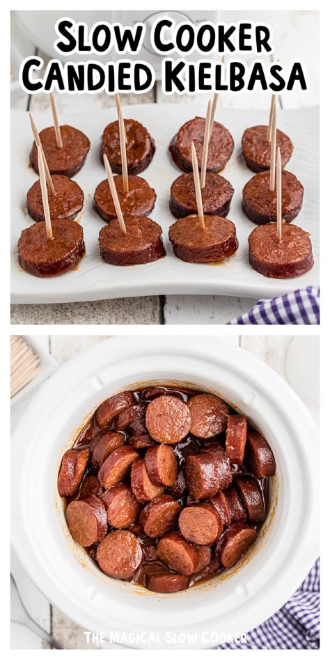 Candied Kielbasa, Kielbasa Sausage Recipes, Kielbasa Appetizer, Crockpot Snacks, Slow Cooker Holiday Recipes, Crockpot Party Food, Kielbasa Bites, Kielbasa Recipe, Slow Cooker Candy